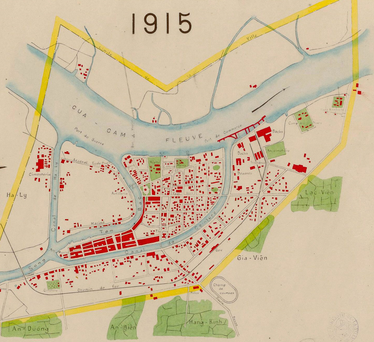 Plan de la ville de Haiphong en 1915 D'après Mr. Fouqueray, géomètre de la ville Canal Bonnal et canal Haly existant #5755