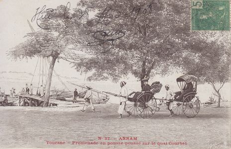 Annam - Tourane - Pousse pousse Quai Courbet Thiriat série cartes gravure - numéro 32 #4480 ©Cartacaro 2022-062-032