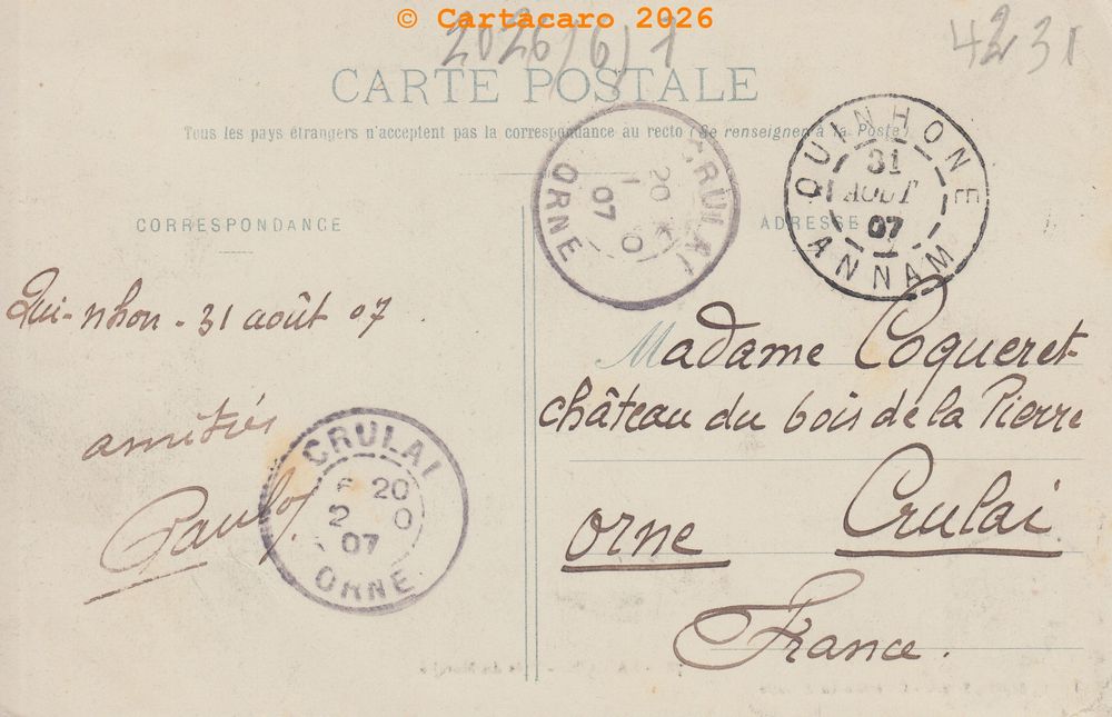  Saigon - Prés du marché carte expédiée de Qui-Nhon (Annam) 01 août 1907 Plante 78 -@4231 #6750