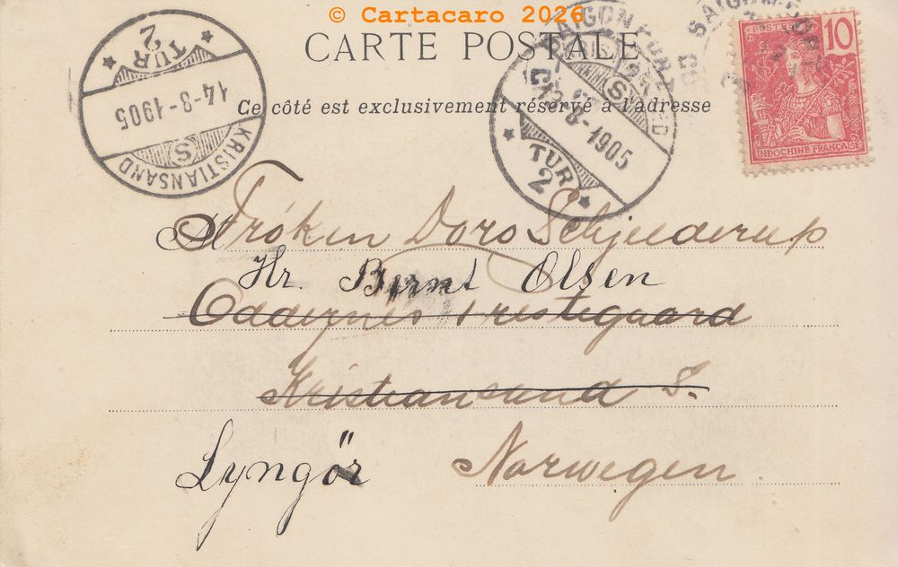 Cochinchine - Cholon Jonques échouées Arroyo marée basse Mme Wirth @44yy #6652 Expédiée en 1905 en Norvège