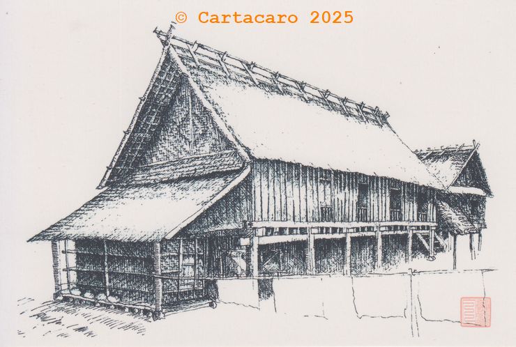 Laos - maison rurale sur pilotis, réserve et animaux sous l'habitation.